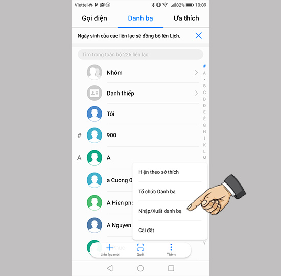 Chọn nhập/xuất danh bạ